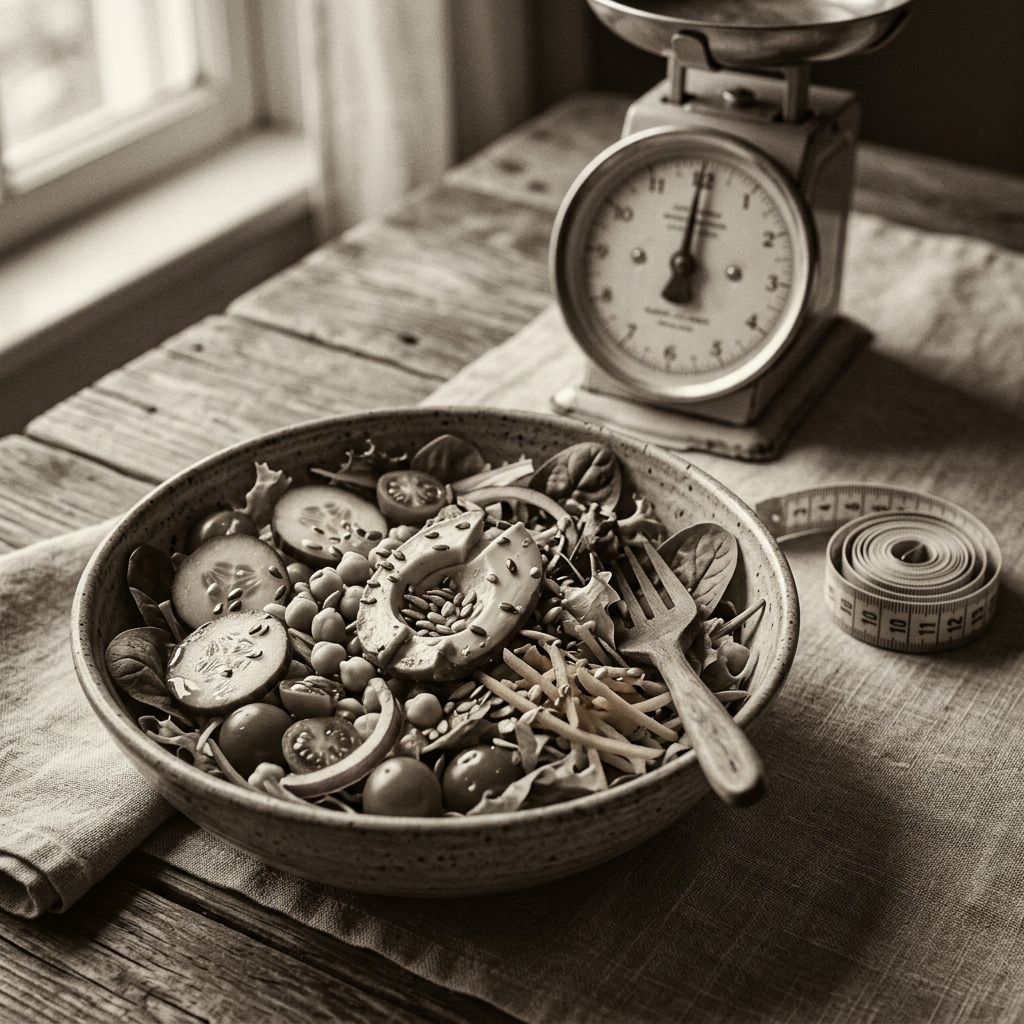 Sepia bowl of healthy salad symbolizing weight loss