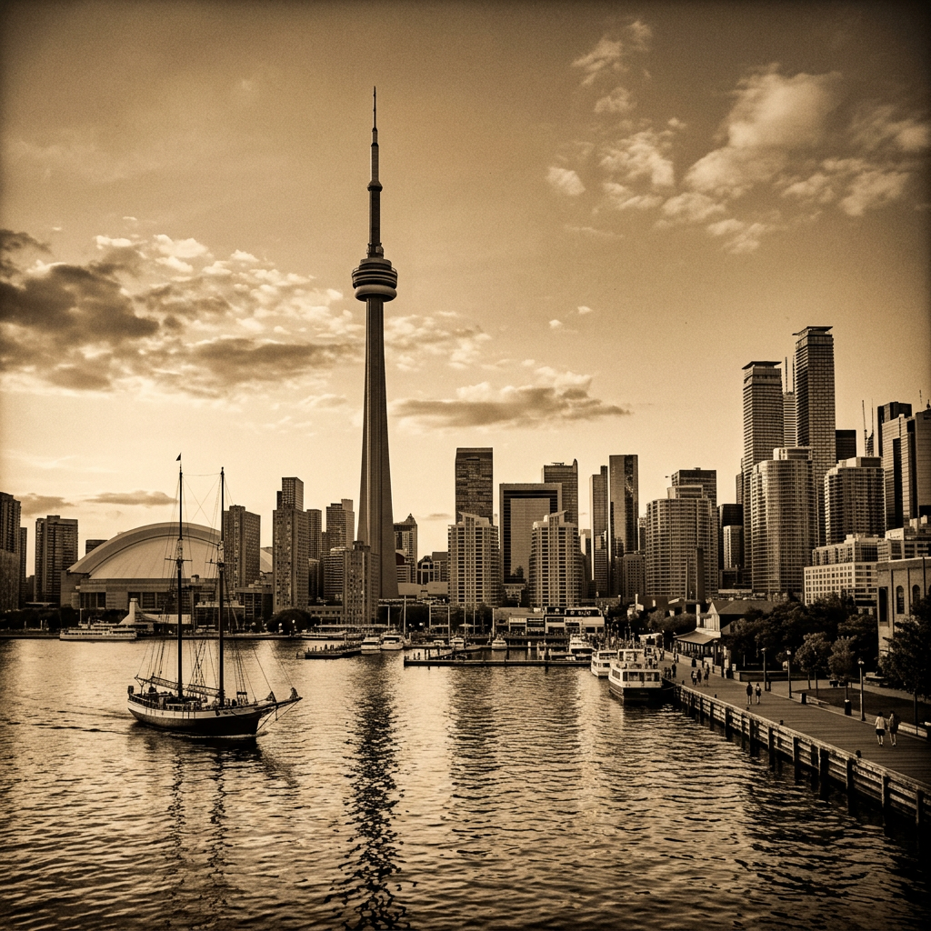 Sepia Toronto skyline with CN Tower waterfront
